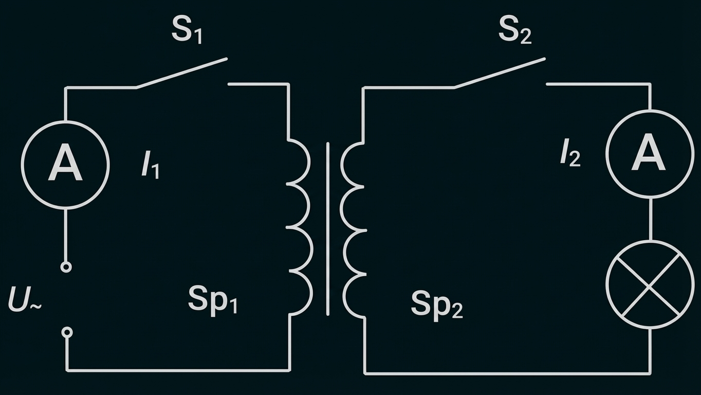 Transformator-Schaltbild mit Primärseite (A, Schalter S1, Spule) und Sekundärseite (Schalter S2, A, Lampe)